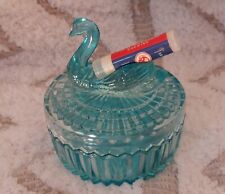 Jeanette Glass Blue Swan Powder Box Trinkets Vintage Candy Lipstick Holder Lid picture