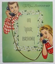 Vtg MCM Birthday Card-RETRO YOUNG COUPLE TALKING ON THE PHONE WITH GOLDEN CORD picture