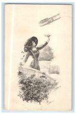1911 Beautiful Girl At Garden With Big Hat Airplane Posted Antique Postcard picture
