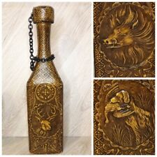 VTG 60s Tooled Embossed Leather Covered Bottle - 3-Sided w/ Hunters Pattern picture