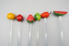 Vtg. Wood/Plastic?Glass? Fruit Shaped Topped Drink Stirrers/Swizzle Sticks 6 picture