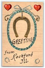 1911 Greetings From Rockford Illinois Embossed Glitter Horseshoe Posted Postcard picture
