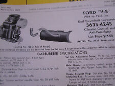 ORIGINAL 1934 1935 1936 1937 1938 FORD V-8  Carter Carbureter Spec /Info. Sheet picture