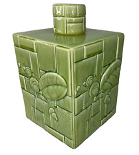 GLOBAL VIEWS Square Ceramic Jar Tea Caddy w Lid Green Glossy Crackle Glaze 8x8 picture