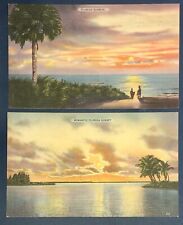 Postcards x2 Florida Sunrise and Sunset Coast Palm Trees c1940s picture