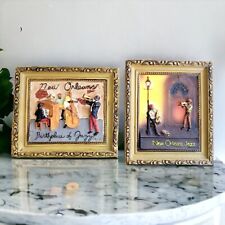 New Orleans Jazz Pair Wall Art Musician Scene Hand Painted Gold Frame 60's  picture