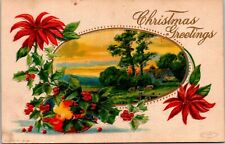 Christmas Sunset Country Scene Poinsettia Gold Gilt Embossed c1908 postcard P14 picture