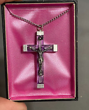 Vtg LOURDES FRANCE Purple Holy Water NECKLACE CRUCIFIX Cross Pendant 24