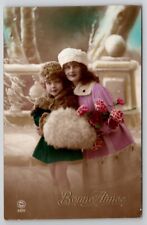 RPPC New Year Cute Girl Green Coat Hand Muff Woman Pink PC Paris Postcard S21 picture
