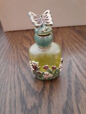 VTG MONET TINTED GLASS PERFUME BOTTLE W/ENAMELED BUTTERFLY & FLOWERS 3 IN TALL picture