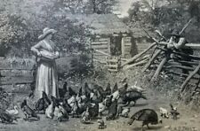 1887 Vintage Magazine Illustration Woman Feeding Chickens in Front of Log Cabin picture