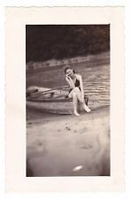 Vintage 1940s Beautiful Young Woman in Bathing Suit on Canoe Pin Up Photograph picture