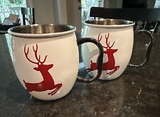 SET of 2 Enamel Tin Red Reindeer White Coffee Mug Cups W/Black Shiny Handles picture