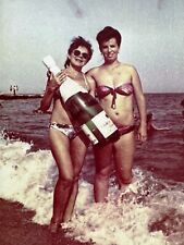 1990s Two Pretty Women Bikini Female Standing on Sea Beach Vintage Photo picture