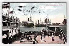 Postcard 1911 MI Harbor Steamer Ships People Pier Aerial View Detroit Michigan picture