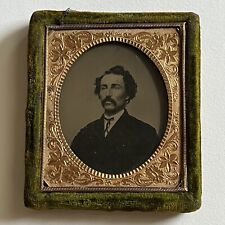 Antique Tintype Photograph Handsome Man Wonderful Hair Mustache Green Velvet picture