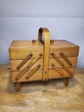 Vintage Wooden Accordion Fold Out 3-Tier SEWING Kit BOX STORAGE BASKET with Legs picture