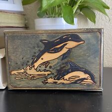 Vintage Carved Wood Box Dolphins Stained Blue Hinged Lid Ocean picture
