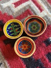 Huichol Indian Fine Beaded 3 Gourd Bowl Handmade Mexican Folk Art Colorful Bowls picture