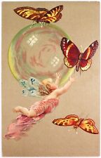 1909 Beautiful Fairy Chasing Butterflies Nicely Designed Embossed Postcard picture