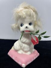 Vtg Enesco Ceramic White Furry Poodle Dog w/ Rose on Pink Pillow  JAPAN KITSCH picture