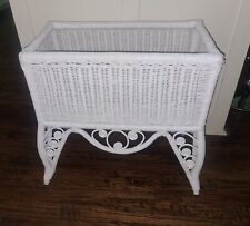 Vintage Boho Shabby Chic Cottage White Wicker Rattan Planter Box Plant Stand picture
