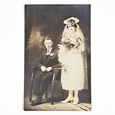 ANTIQUE 1920'S REAL PHOTO DB POST CARD NEWLY MARRIED WEDDING PHOTO RPPC POSTCARD picture