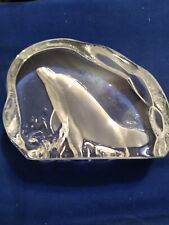 Vtg Handmade Glass Art Paperweight  3 1/2 in H frosted/etched Dolphin and splash picture