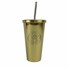 Starbucks Gold Colored Tumbler w/ Stainless Steel Straw, 7