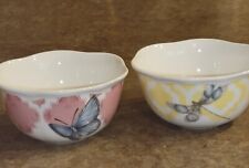 2 Lenox Butterfly Meadow Scalloped Fruit Dessert Bowl Pink Yellow Dragonfly picture