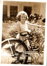 Vintage Photo 1940s, Young Girl W/ Bike Front Yard, 3.5x2.5 Black White picture