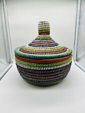 Senegal Hand Woven Round Basket with Lid Multicolored Coiled Tribal 10” L picture