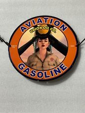 RARE UNION OIL CO AVIATION GASOLINE PORCELAIN PINUP GIRL GAS PUMP OIL PLATE SIGN picture