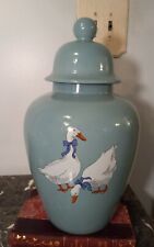 BEAUTIFUL large Blue Ceramic Ginger Jar Country geese Ducks Farmhouse Cottage  picture