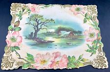 Vintage Die Cut Embossed Winter Lake Cottage Boat Card Floral Border Art Crafts picture