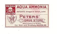 VINTAGE PETERS' DRUG STORE ADV, PHARMACY, MADISON, IND~AQUA AMMONIA POISON LABEL picture