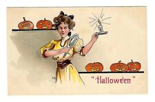 Early 1900's Halloween Postcard Glamour Lady, Looking at Mirror, Pumpkins picture