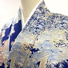 Kimono 4K574  Pure Silk Lining Fine Pattern Navy Blue White Pink Floral Japanese picture