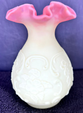 Vintage Fenton for LeVay Burmese Glass Ruffle Vase Wild Roses and Bowknot - 7.5