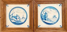 Antique Fine Delft Tiles Pair (2)  Dutch Tiles 19th Century Framed picture