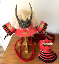 Reproduction Japanese Red Metal Samurai Helmet with Horns Menpo Mask Stand picture
