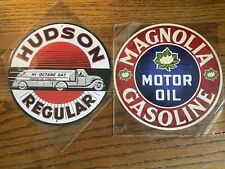 MAGNOLIA & HUDSON GASOLINE & OIL METAL SIGN 8” DIA NIP FOR SHOP-MAN-CAVE-OFFICE picture