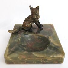 Antique Bronze Fox Arts Crafts Ashtray Trinket Dish Painted Green Onyx Austrian picture
