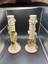 PAPER WINDOWS USA PAIR WHITE & PINK CANDLESTICKS WITH 3D FLOWERS picture