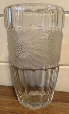 Vintage Large Clear Bohemian Leaded Glass Vase Frosted Beaded Etched Sunflowers picture