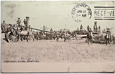 1906 MANITOBA CANADA WHEAT THRESHING SCENE Postcard Horses Tractor C2 picture