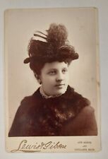 Antique Cabinet Card Photo Well Dressed Victorian Woman Fancy Feather Hat Mich picture