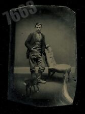 Handsome Man & Funny Little Dog  - Antique Tintype Photo Unusual picture