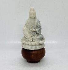 Antique Carved Stone Kwan Yin Statue Figurine Sitting On Wood Display 5” Art 18 picture