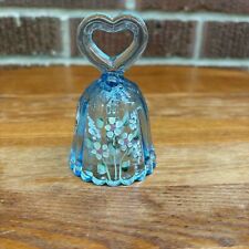 Fenton Vintage Blue Glass Bell Heart Handle Hand Painted Florals signed. picture